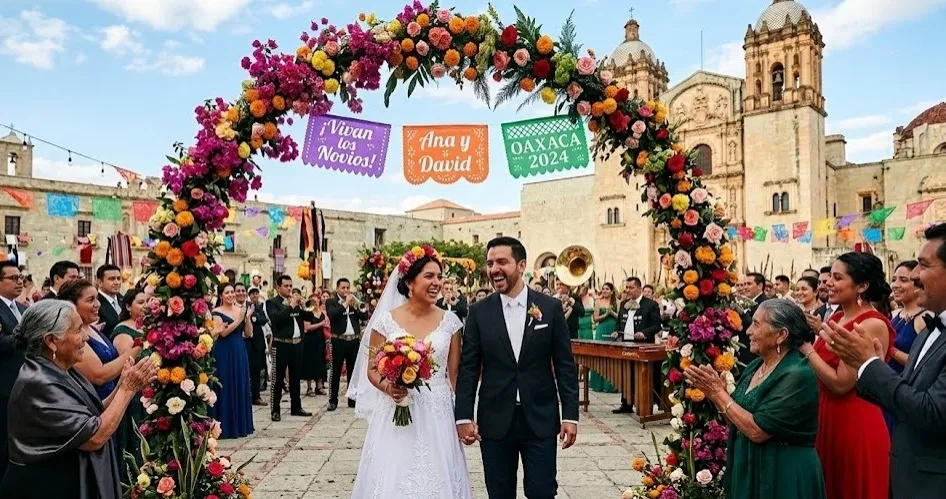 Lugares de bodas de lujo; fotografía de una pareja de recién casados tomados de la mano bajo un arco de flores.